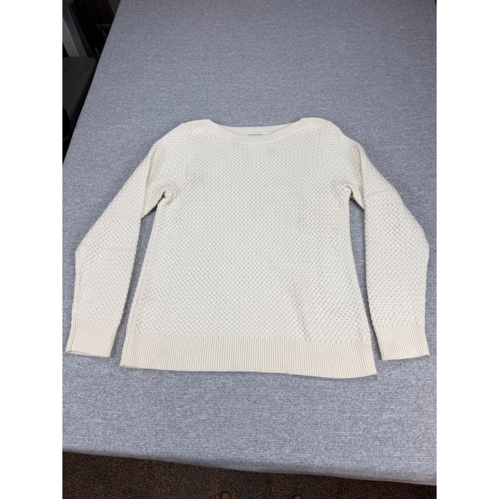 LL Bean Womens Cream Cotton Textured Knit Boat Neck Sweater Medium